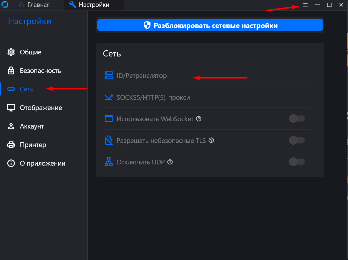 Настройки → Сеть → ID/Ретранслятор в клиенте RustDesk